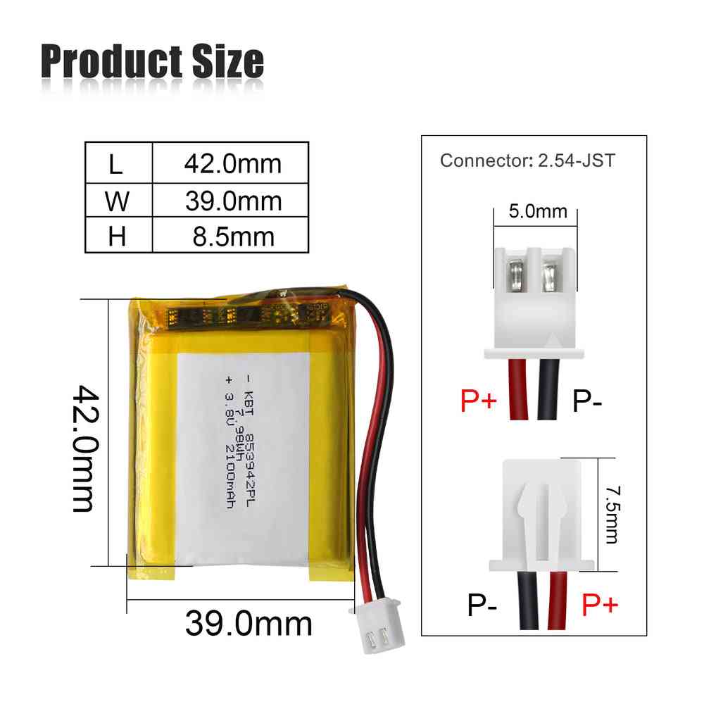 3.7V 2100mAh Protected Li-Polymer Battery Pack with 2.54 JST Connector