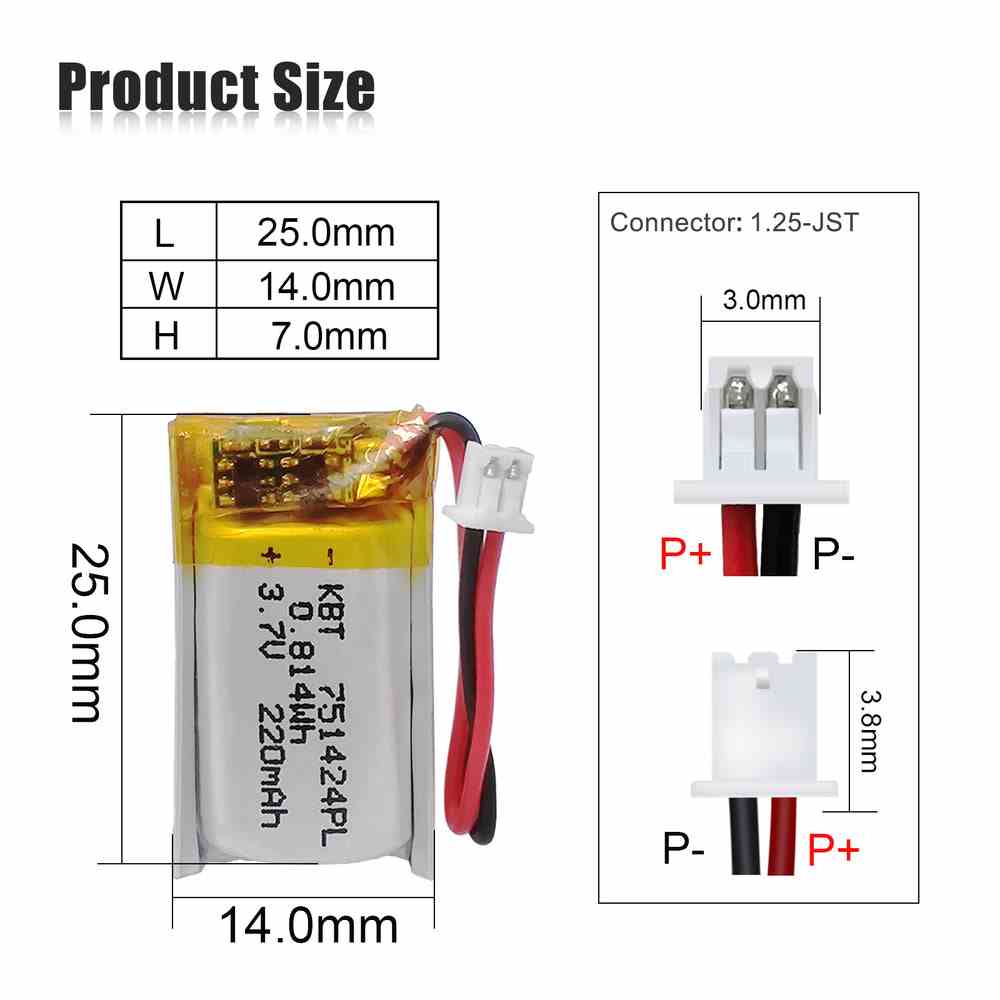 3.7V 220mAh Protected Li-Polymer Battery Pack with 1.25 JST Connector