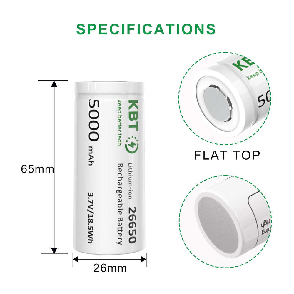 3.7V 3500-5000mAh Li-ion 26650 Battery Cells with Flat Top