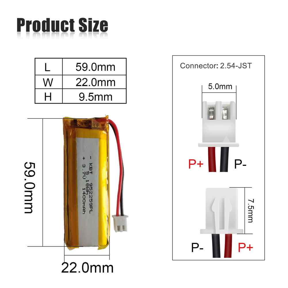 3.7V 1400mAh Li-Polymer Battery Pack with 2.54 JST Connector