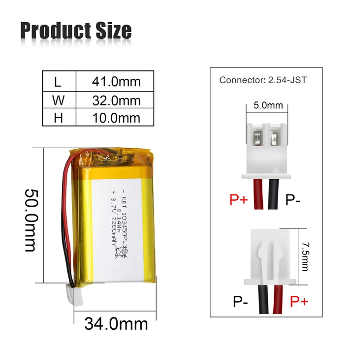3.7V 2200mAh 2C Discharge Battery Li-Polymer Battery Pack with Protected 2.54 JST Connector
