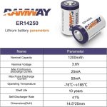 3.6V 1200mAh ER14250 Li-SOCl2 1/2 AA Long-life Battery for Sensors and Security Systems